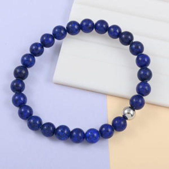 Lapis Lazuli Beaded Stretch Bracelet in Stainless Steel 60.50 ctw is 8 inches - Picture 6 of 6